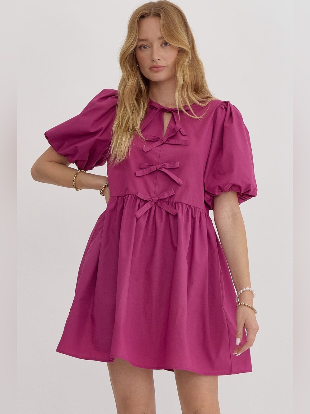 entro Fuchsia Puff-Sleeve Mini Dress